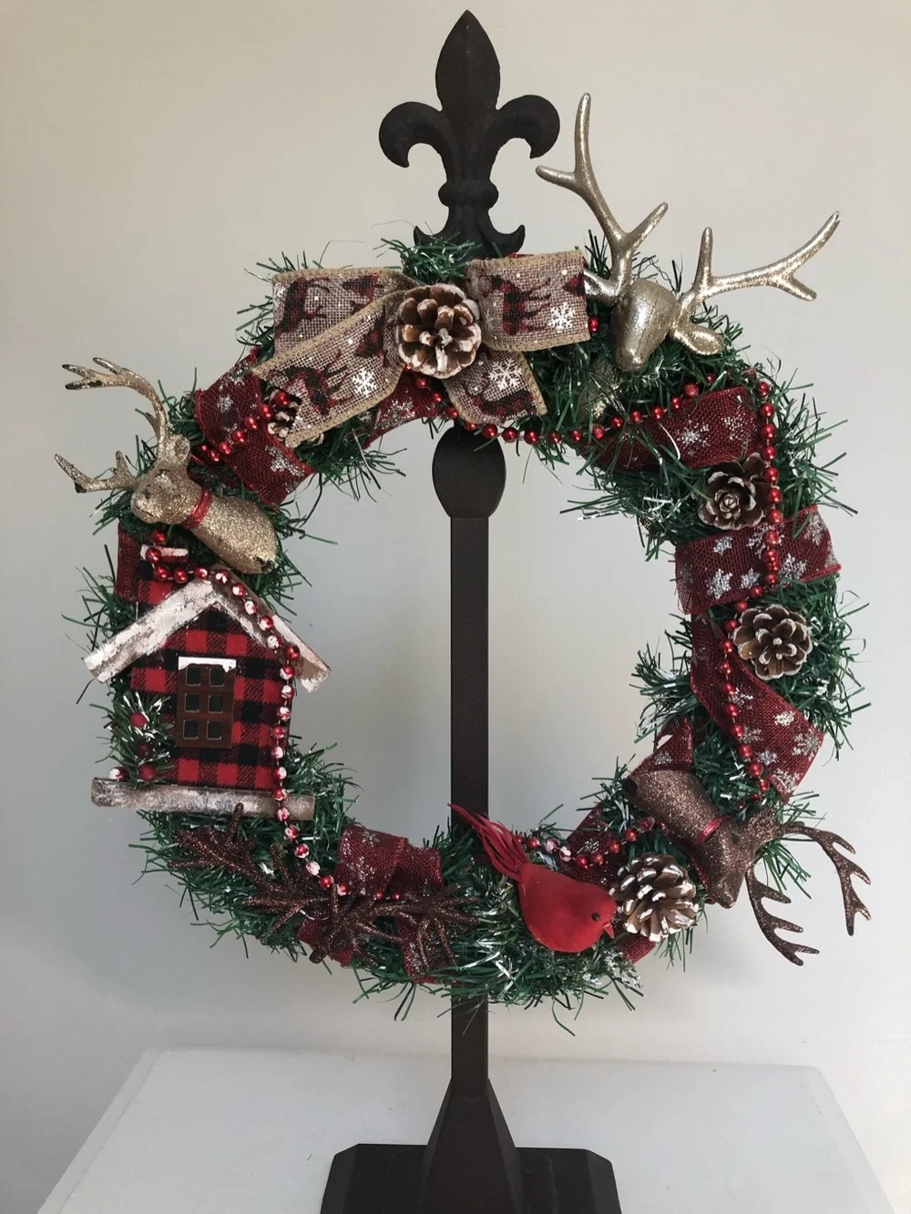 Bronze Metal Fleur-de-lis Adjustable Mantel Tabletop Wreath Stand Holder